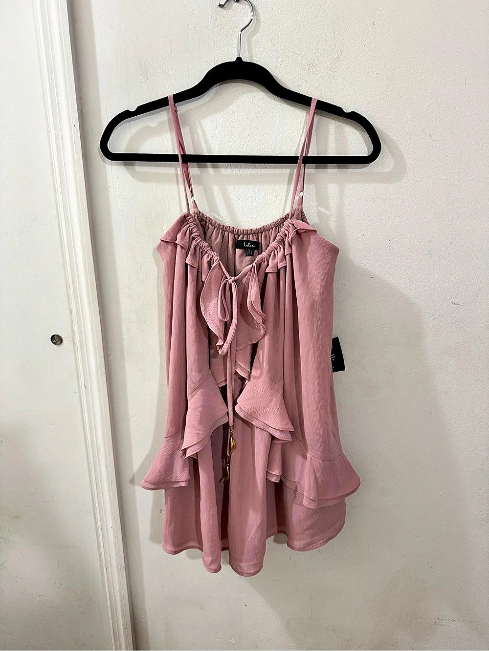 NWT Lulus Elsie Blush Satin Tie-Front Ruffled Dress Top Pink, size XS